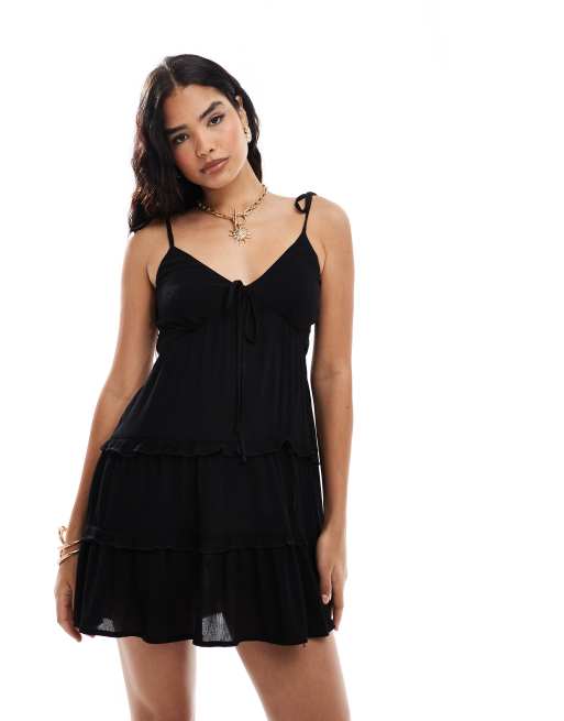 Miss Selfridge - Robe d'été courte en gaze à volants étagés - Noir