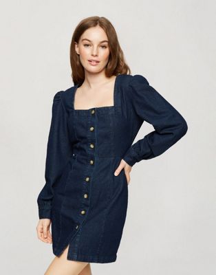 Robes Miss Selfridge - Robe en denim bleu à encolure carrée - Bleu