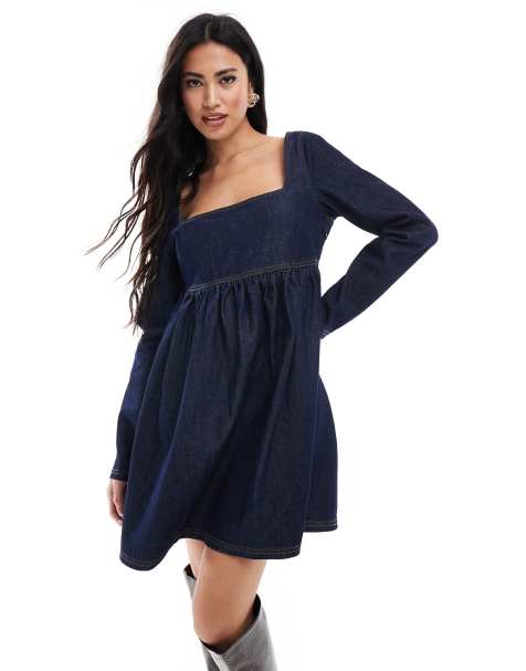 Miss Selfridge - Robe en jean coupe ajustée puis évasée à manches longues - view 1