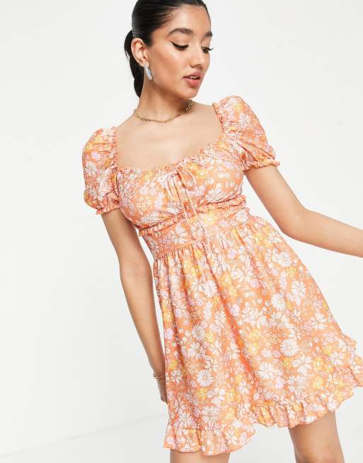 Miss Selfridge - Robe fleurie rétro nouée sur le devant - Orange , 4 de 4