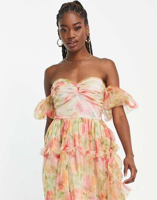 Miss Selfridge - Robe longue à fleurs torsadée sur le devant en tulle - Multicolore , 4 de 4