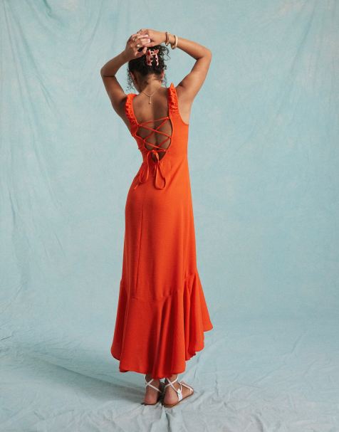 Miss Selfridge - Robe longue à mancherons et laçage au dos - Rouge - view 1