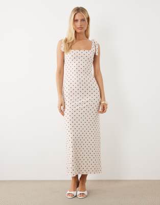 Robe longue à pois et épaules nouées - Crème-Blanc M