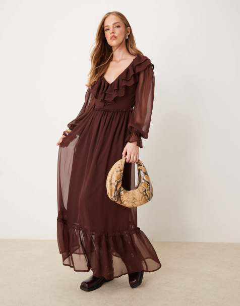 Miss Selfridge - Robe longue à volants et manches longues - Chocolat - view 1
