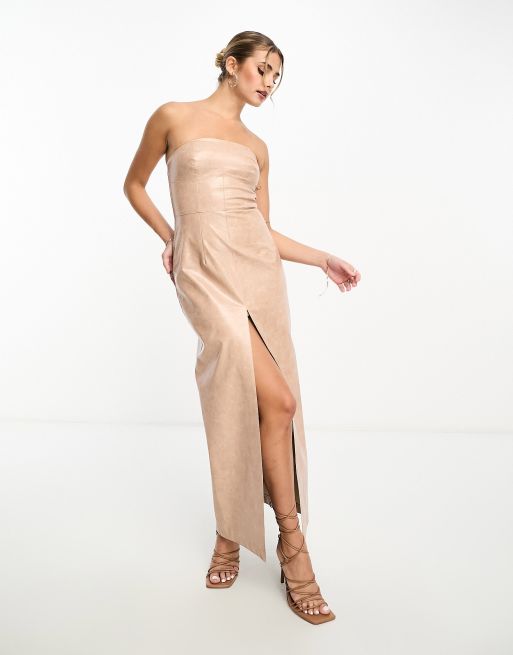 Miss Selfridge Robe longue bandeau en vinyle imitation cuir Taupe