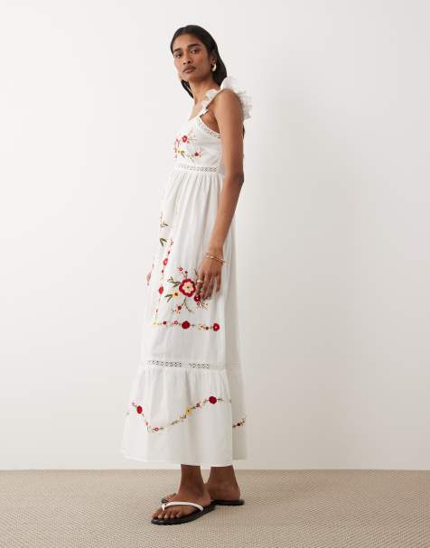 Miss Selfridge - Robe longue brodée avec empiècement en dentelle - Blanc - view 1