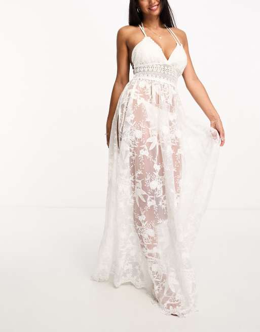 Miss Selfridge - Robe longue de plage en dentelle - Blanc 
