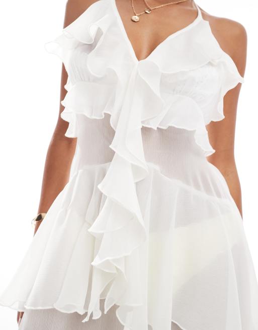 Miss Selfridge - Robe longue de plage en mousseline à volants - Crème, 3 de 4