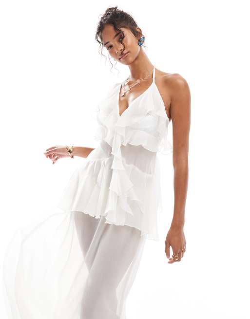Miss Selfridge - Robe longue de plage en mousseline à volants - Crème, 4 de 4