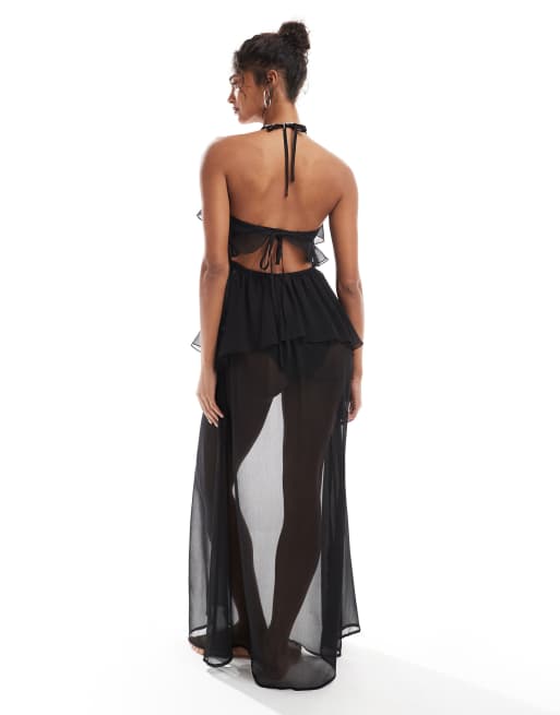 Miss Selfridge - Robe longue de plage en mousseline à volants - Noir, 2 de 4