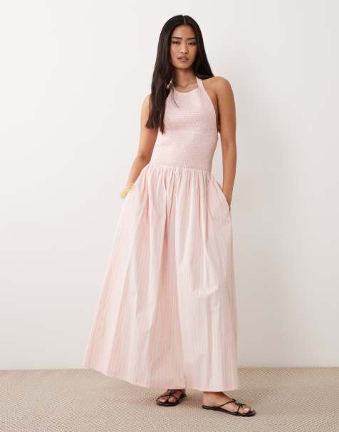 Miss Selfridge - Robe longue dos nu à fronces en popeline rayée - Rose - view 1