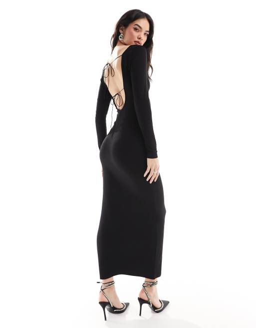 Miss Selfridge - Robe longue dos nu avec liens noués - Noir