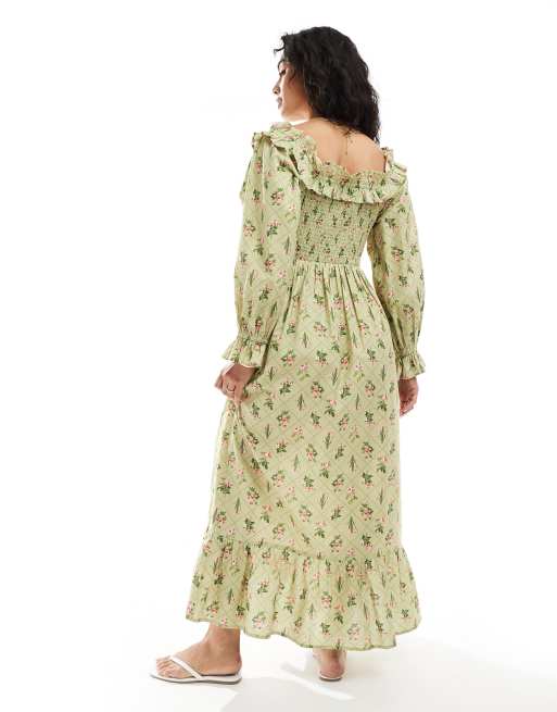 Miss Selfridge - Robe longue en lin mélangé à imprimé fleuri et encolure bardot - Vert, 3 de 4