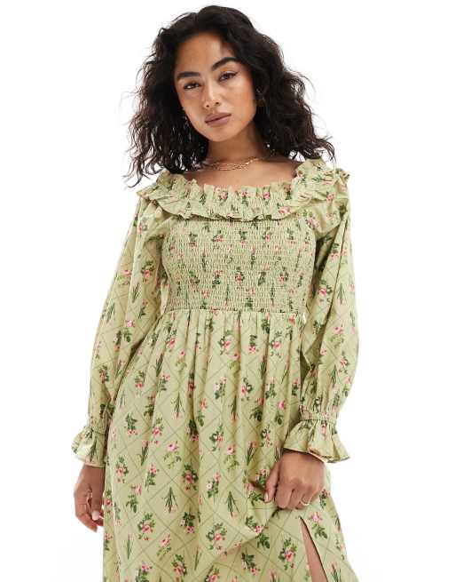 Miss Selfridge - Robe longue en lin mélangé à imprimé fleuri et encolure bardot - Vert, 4 de 4