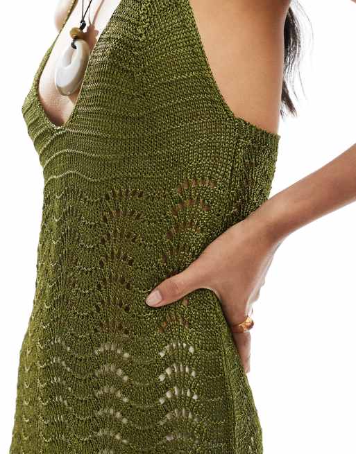 Miss Selfridge - Robe longue en maille au crochet à col V plongeant - Olive foncé, 4 de 4