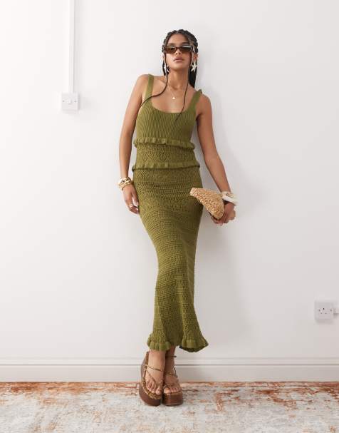 Miss Selfridge - Robe longue en maille au crochet à volants - Kaki - view 1