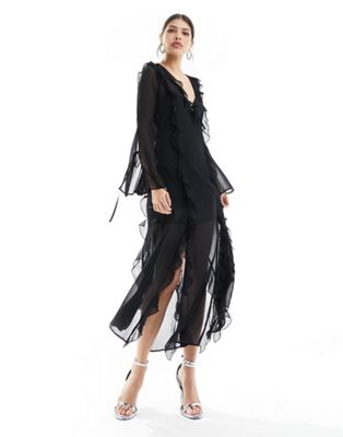 Miss Selfridge chiffon ruffle detail maxi dress in black - ASOS Price Checker