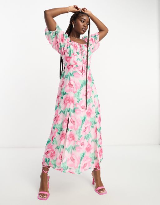 Miss Selfridge Robe longue en mousseline a manches bouffantes details dans le dos et imprime fleuri Rose ASOS