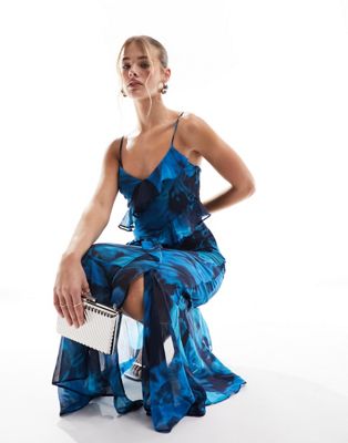 Miss Selfridge chiffon asym ruffle maxi dress in blurred floral - ASOS Price Checker