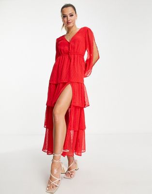 Miss Selfridge chiffon dobby tiered maxi dress in red - ASOS Price Checker