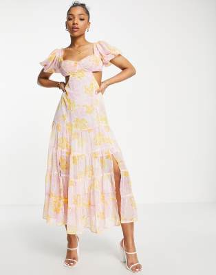 Miss Selfridge chiffon tiered backless maxi dress in orange tropical print - ASOS Price Checker