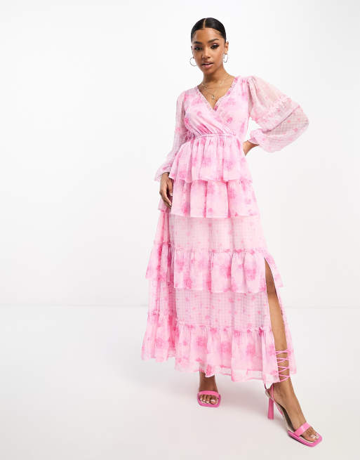 Miss Selfridge - Robe longue en mousseline à volants étagés avec imprimé mixte