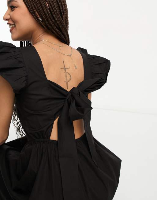Miss Selfridge - Robe longue en popeline à volants et bretelles - Noir, 3 de 4