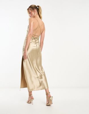 Miss Selfridge metallic satin lace back maxi dress in gold - ASOS Price Checker