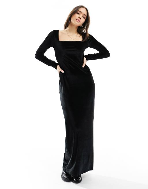 Miss Selfridge - Robe longue en velours à encolure carrée - Noir