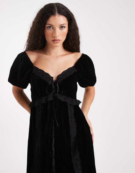 Miss Selfridge - Robe longue en velours et dentelle avec manches bouffantes - Noir, 3 de 4