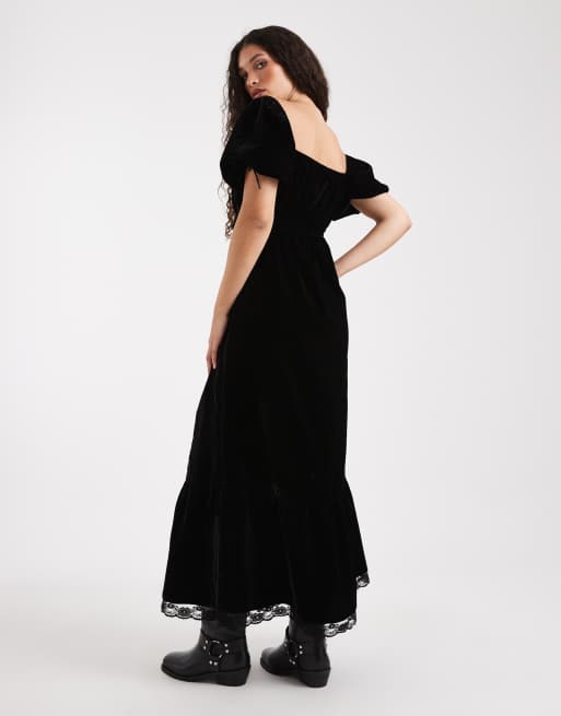 Miss Selfridge - Robe longue en velours et dentelle avec manches bouffantes - Noir, 4 de 4