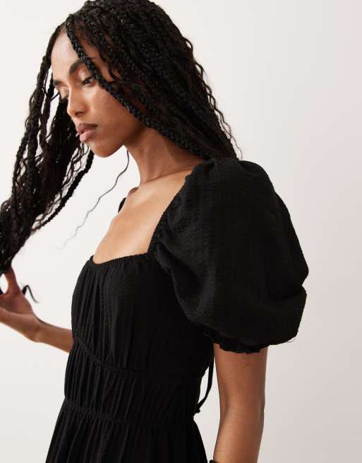 Miss Selfridge - Robe longue tendance folk en crépon à manches bouffantes - Noir, 3 de 4