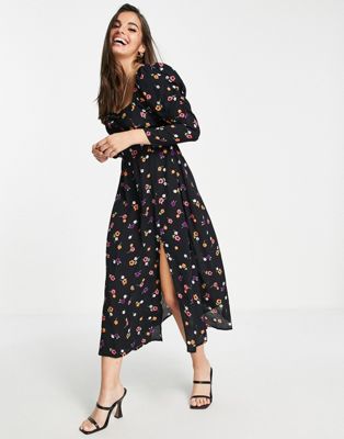 Miss Selfridge sweetheart puff sleeve midi in colourful floral - ASOS Price Checker
