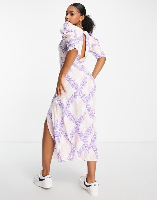 Miss Selfridge Robe mi longue manches bouffantes avec carreaux motif fleuri