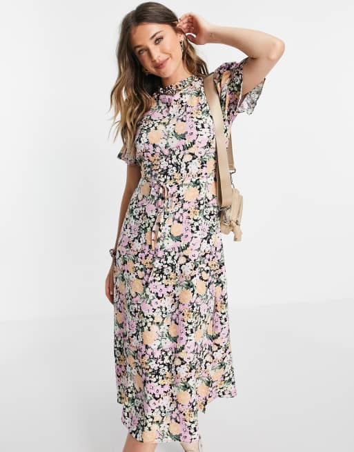 Miss Selfridge - Robe mi-longue à manches bouffantes et à grosses fleurs
