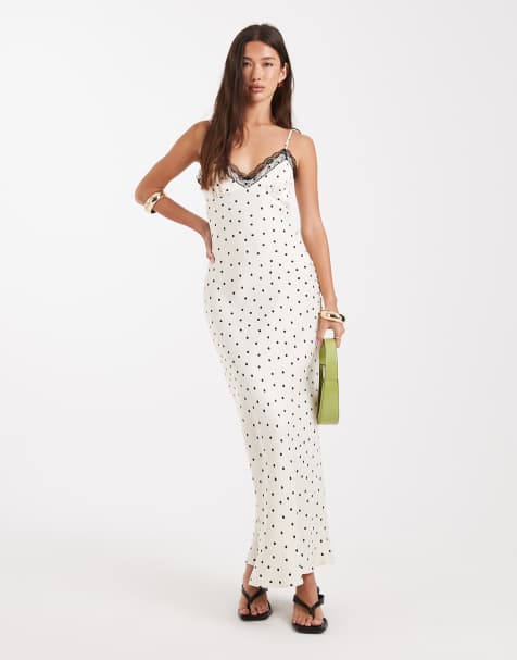Miss Selfridge - Robe mi-longue à pois en dentelle et satin - view 1