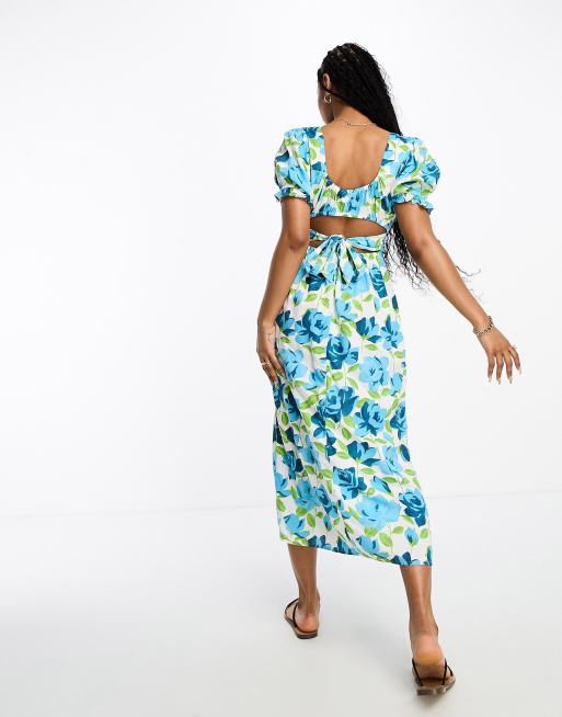 Miss Selfridge - Robe mi-longue froncée avec décolleté en cœur et imprimé fleurs oversize - Bleu , 4 de 4