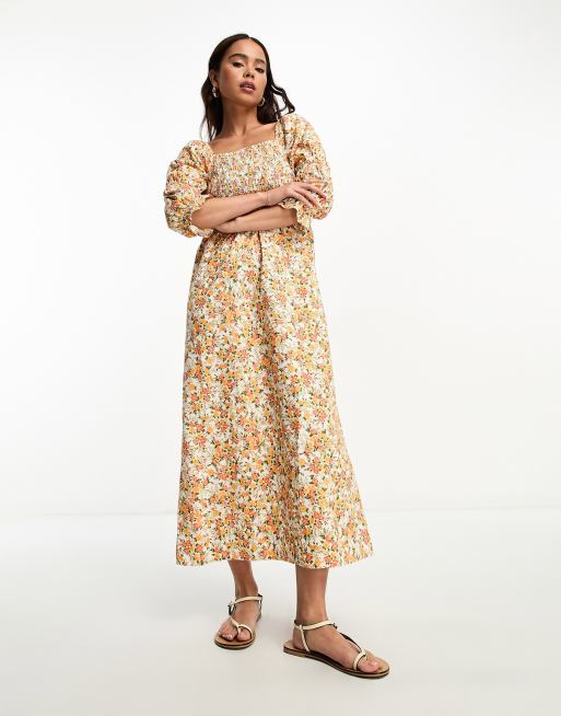 Miss Selfridge - Robe mi-longue froncée en lin et coton à petites fleurs - Orange, 4 de 4