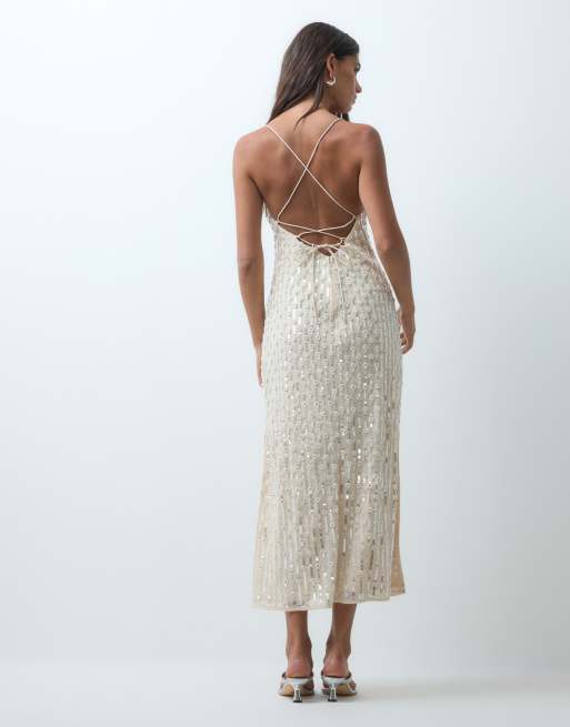 Miss Selfridge - Robe mi-longue ornée de perles et de sequins - Ivoire, 3 de 4