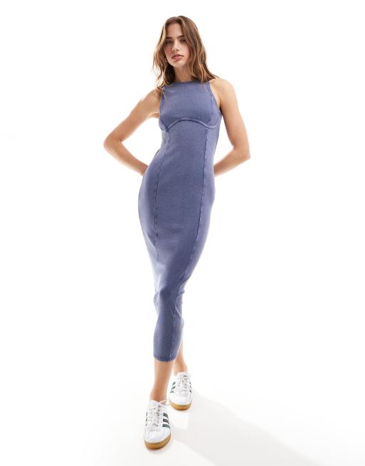 Miss Selfridge - Robe mi-longue style corset avec dos nageur - Indigo délavé