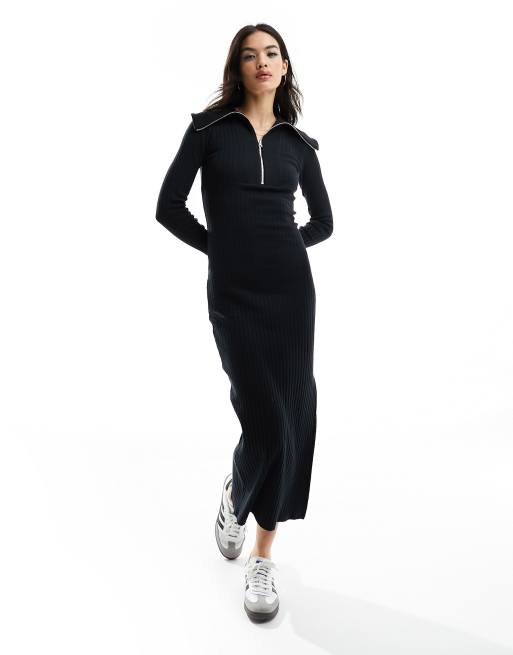 Miss Selfridge - Robe mi-longue zippée à manches longues - Noir