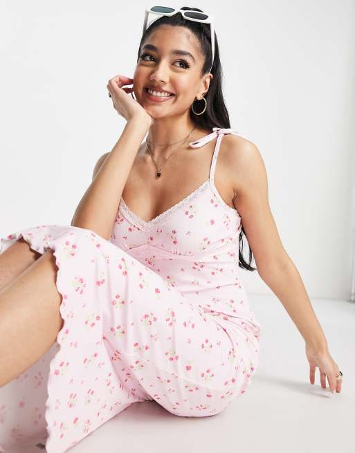 Miss Selfridge Robe nuisette mi longue cotelee a finitions en dentelle et imprime Rose fleuri ASOS