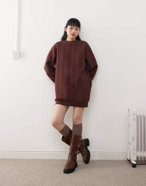 Miss Selfridge - Robe pull courte en maille torsadée - Chocolat - view 1
