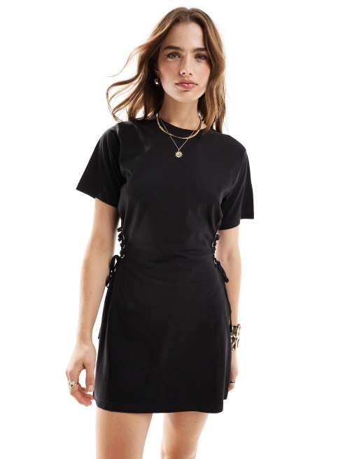 Miss Selfridge - Robe t-shirt courte nouée sur les côtés - Noir