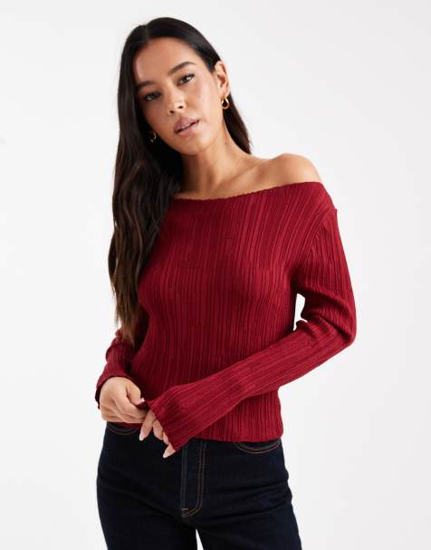 Miss Selfridge – Röd, ribbstickad topp med lång ärm och rak halsringning - view 1