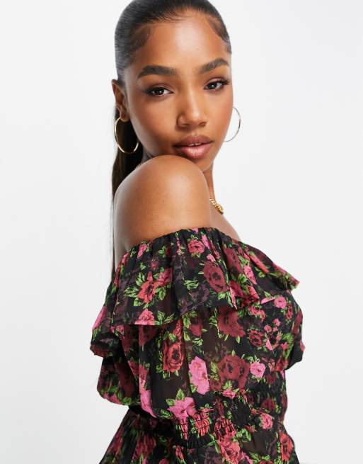 Miss Selfridge – Röd rosenblommig blus med bardot-ringning av chiffong, 3 av 4