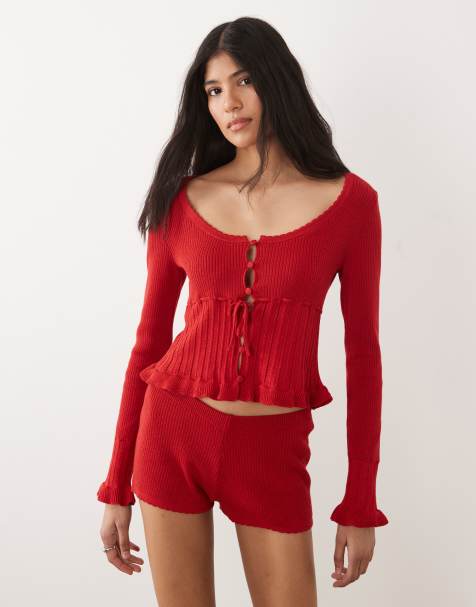 Miss Selfridge – Röda, stickade shorts med uddkant, del av set - view 1