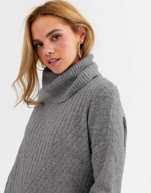 Pull col discount roulé femme gris