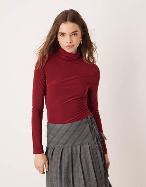 Miss Selfridge roll neck soft touch  top in burgundy - view 1