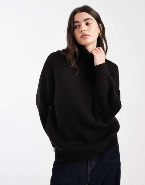 Miss Selfridge roll neck split hem jumper in black